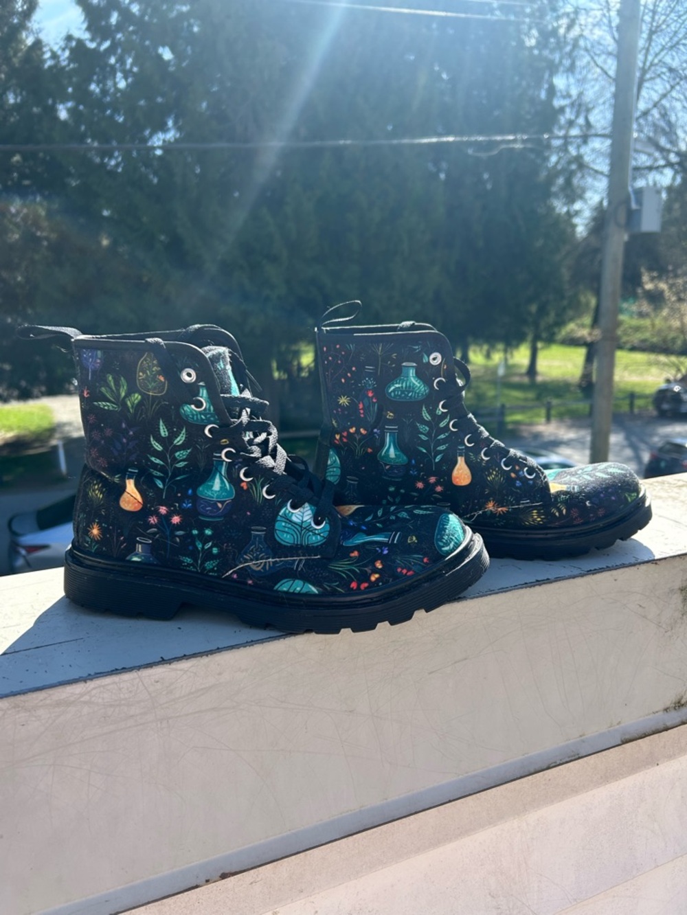 Black Botanical Potion Print Combat Boots